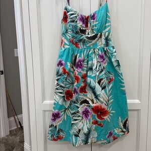 Roz& Ali teal Hawaiian floral Hibiscus sundress with spaghetti straps Size 10